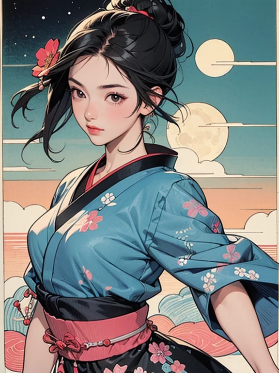 (masterpiece, Highest quality,High resolution, Official Art), (One girl), Bright and vivid color patterns in Japanese clothing、Black hair in a Japanese round topknot,Traditional Japanese patterned fabric, (Dynamic movements),(Shiny skin),  ( Ukiyo-e background,moon,flower,cloud )