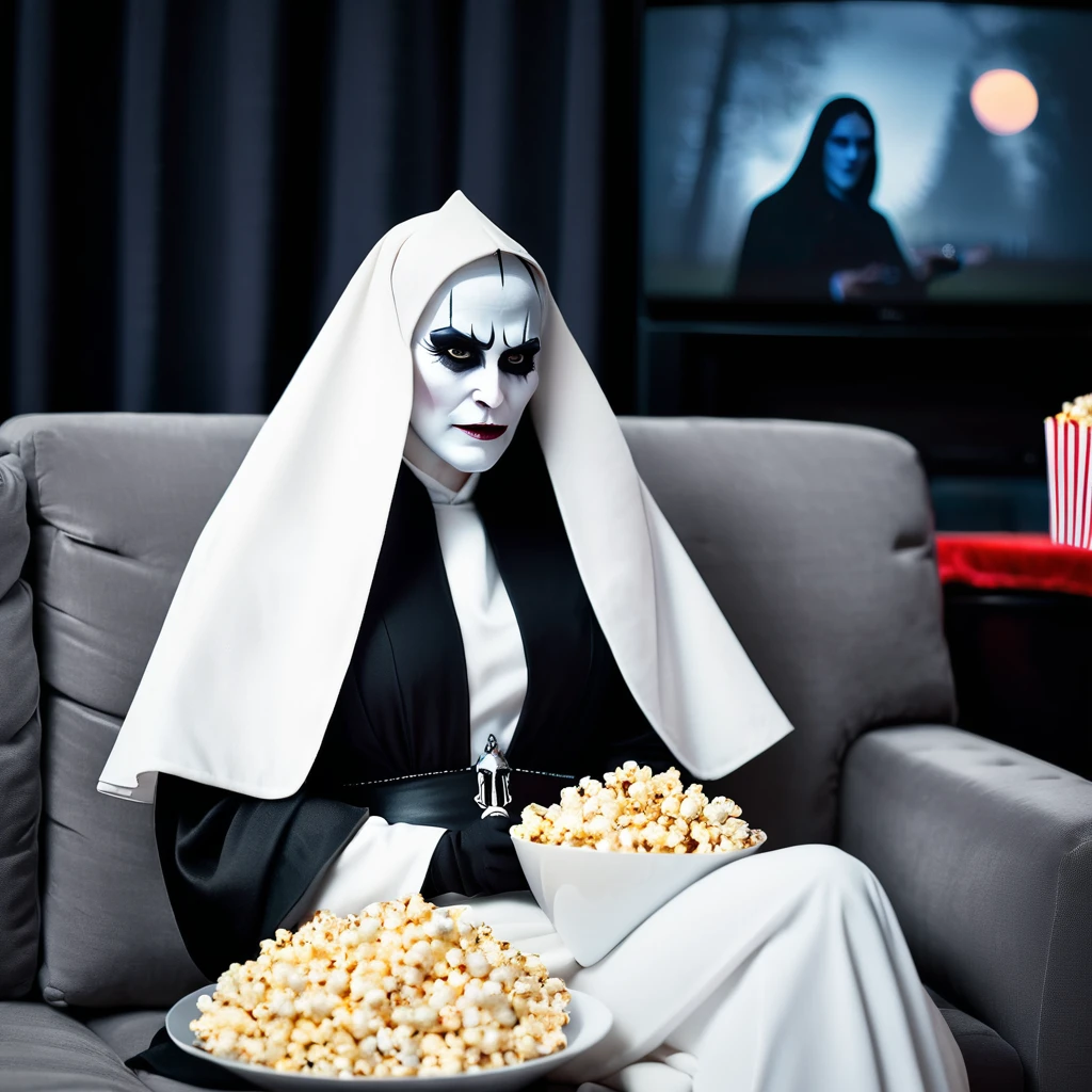 A photo of the Valak fair sitting on a sofa watching television with a popcorn 