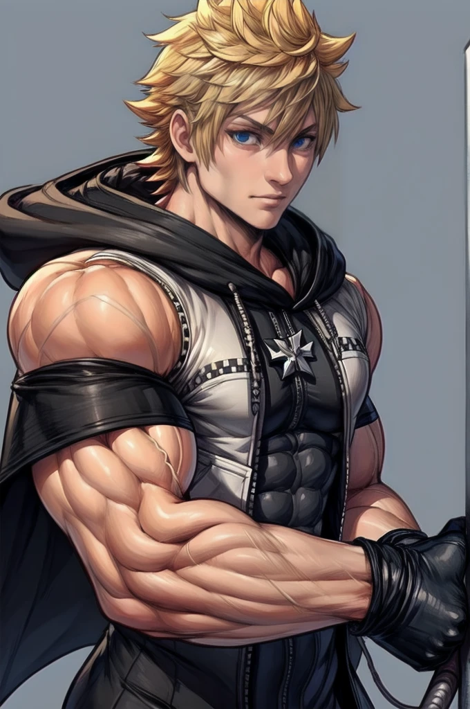 best quality, alone, mature male focus, meeting, Khroxas, White jacket, short sleeves, Hose, black robe, hood, black gloves, (extremely muscular)), (, muscular legs , muscular arms, Muscular upper body, muscular abdominal muscles , muscular shoulders,)