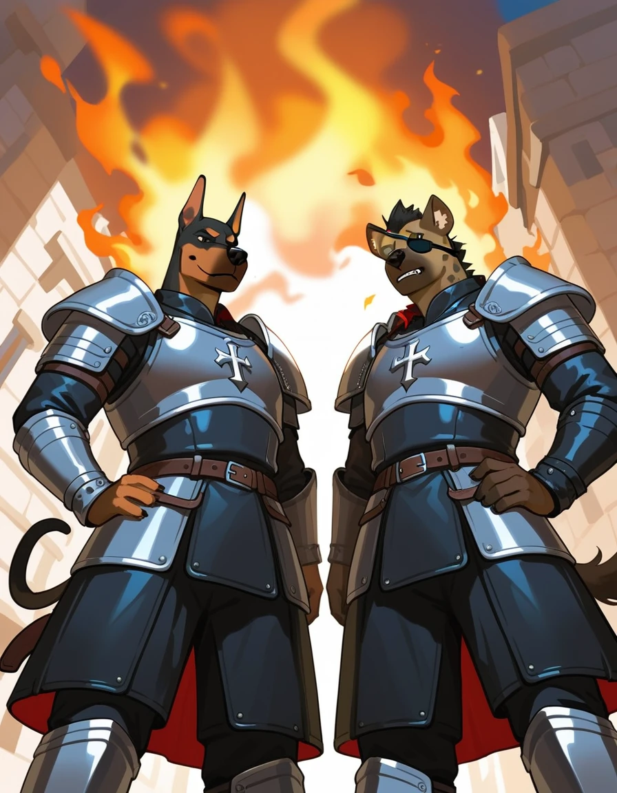 Duo, score_9,score_8_up,score_7_up, duo, an Anthro furry hyena male with an eyepatch, and an Anthro furry Doberman male, two soldiers, male, medieval mercenaries, (black armor, black leather armor), their eyes and faces are shrouded in shadow, they are wearing leather armor, outdoors, in a burning village, nighttime, low angle shot, they are looking down at viewer, pov, arms crossed, faceless, their faces are shrouded in darkness, arms crossed, they are standing, grinning:1.5 deviously, evil smiles, ill intent, mysterious men