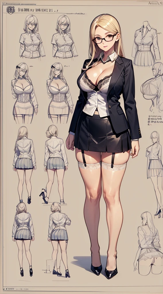 girl, alone, whole body, From head to toe, Are standing, (Huge Saggy Tits:1.3),

Character design sheet, Character Reference Sheet, 設計図のSchematic, Drafting, Blueprint, Schematic,
((Character design sheet:1.7, Character Reference Sheet:1.7,)),

anime/cartoon character wearing a girls , 1girl, alone, ,Mature Woman,Cleavage,Long sleeve,Collared shirt,White shirt,,(Tight Skirt),((garter belt)),(High heels),Skirt Suit,mini skirt,office lady,Long Hair, bow, ,  (Very short skirt:1.4), (lingerie:1.5),secretary,Thin glasses, In underwear:1.5,nsfw