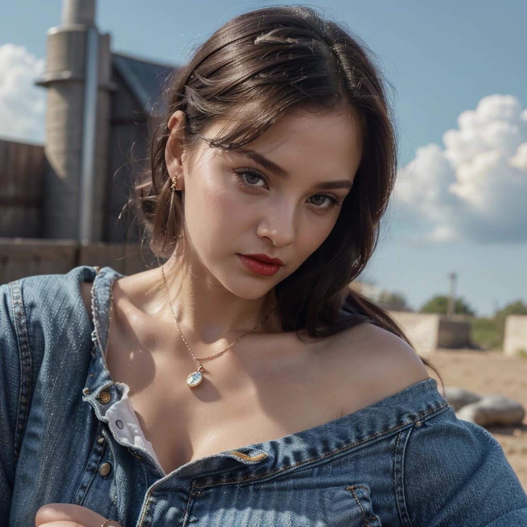 only 1 ukranian young girl (best quality, 4k, 8k, highres, masterpiece:1.2), ultra-detailed, (realistic, photorealistic, photo-realistic:1.37), portrait, wearing casual small cleavage, small chain on neck, black hair, hair band in ponytail, vivid colors, soft lighting, sky and clouds, subtle bokeh, warm color tones, rich girl, red lipstick, earing, round neck style dress, wearing jeans pant, wearing a ring in hand, (low angle, worms eye view)