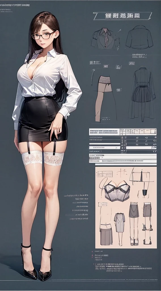 girl, alone, whole body, From head to toe, Are standing, (Huge Saggy Tits:1.3),

Character design sheet, Character Reference Sheet, 設計図のSchematic, Drafting, Blueprint, Schematic,
((Character design sheet:1.7, Character Reference Sheet:1.7,)),

anime/cartoon character wearing a girls , 1girl, alone, ,Mature Woman,Cleavage,Long sleeve,Collared shirt,White shirt,,(Tight Skirt),((garter belt)),(High heels),Skirt Suit,mini skirt,office lady,Long Hair, bow, ,  (Very short skirt:1.4), (lingerie:1.5),secretary,Thin glasses, In underwear:1.5,nsfw