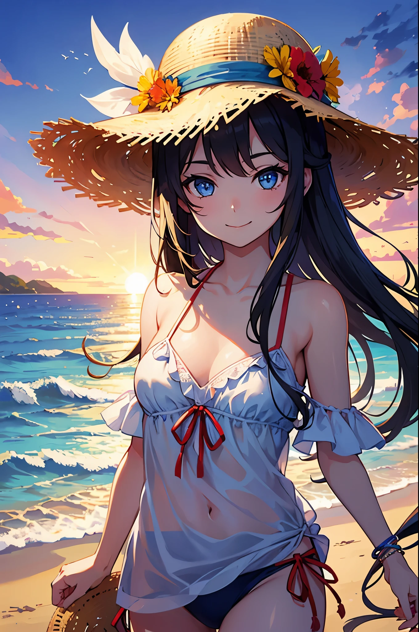 One girl, long tied brunette hair, smile, blue eyes, Wink, View your viewers, Wearing a bikini, flower straw hat, (Beach), (sunset), evening, masterpiece, 8K, Perfect lighting, The perfect outfit, Perfect Anatomy, Perfect Eyes, Perfect Face, Sharp resolution, (Face close-up)