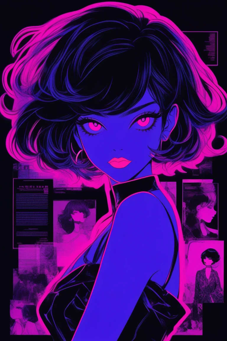 (better quality, Outline:1.2),realism,illustrator,anime,1 woman, detailed lips, Dresses for ages 8,Custom, (dark monochrome background),neon hair,cutting surface, obra de fins, Classic retro style, deep black, fins, Outline book, (black bob hair:1.75 neon:1.32), bitch , dark shadow
