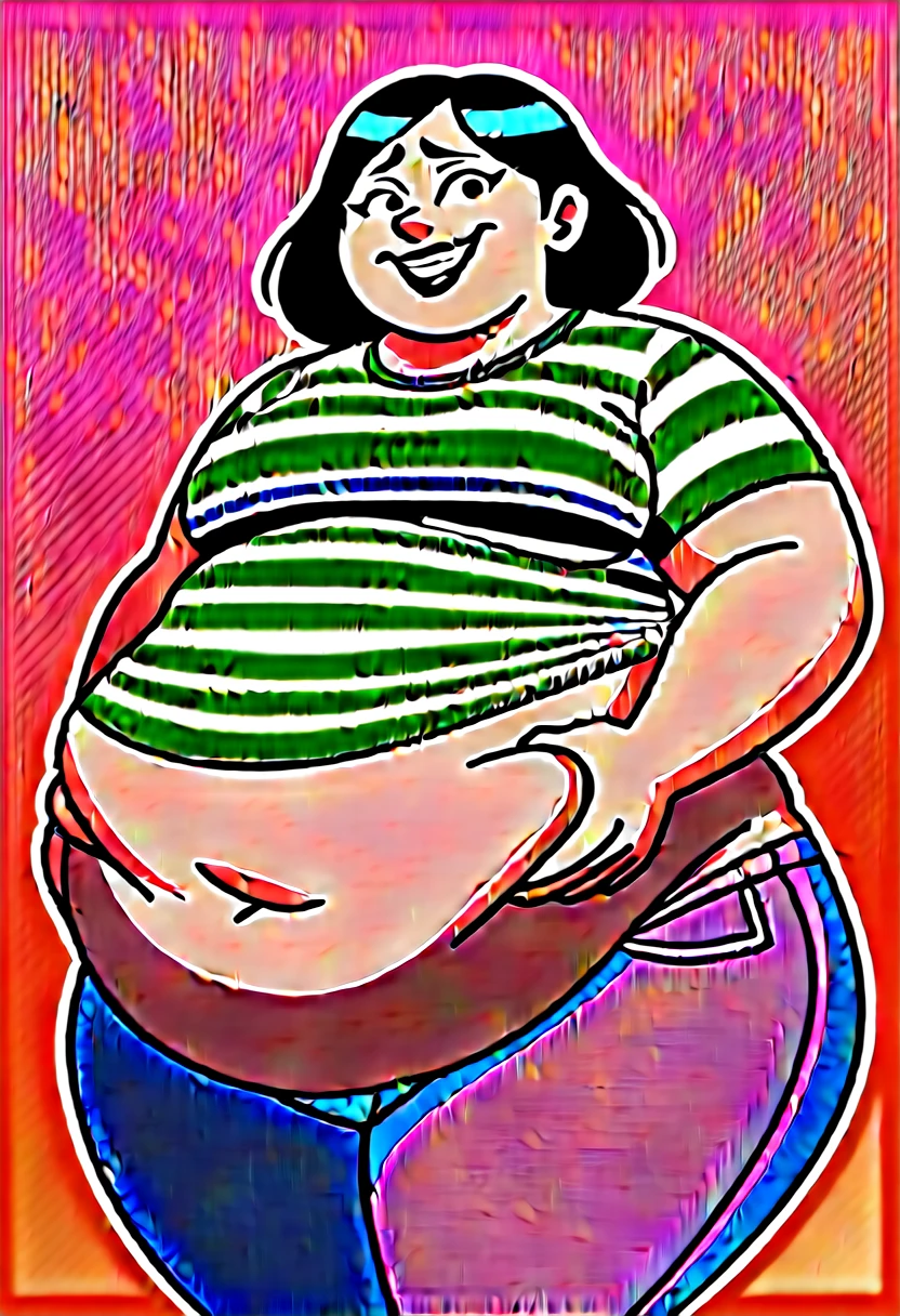 Fat obese, sssbbw, gluttony, high school girl, pixar animated, toothy grin, grabbing belly, Masterpiecev10, Extremely detailed, belly hanging out, sexy, sensual, ((black striped shirt)), black lipstick, black hair, pale