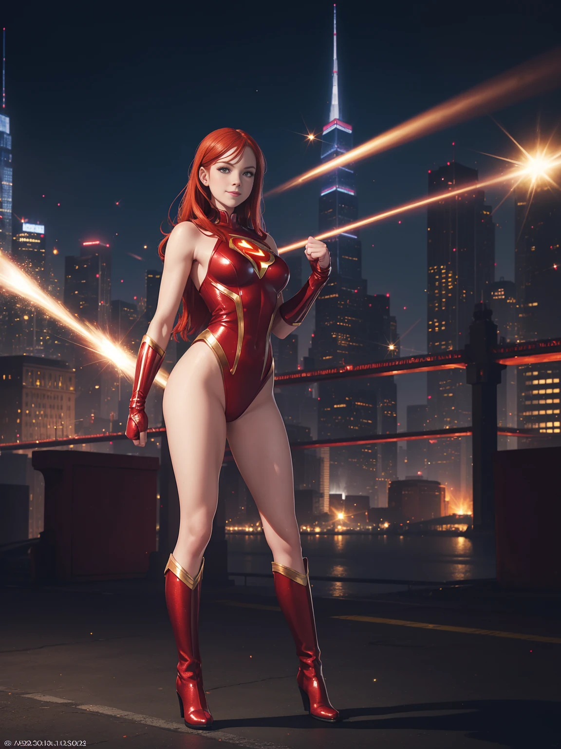 (((photo by full body))) (best quality, masterpiece), 1girl, solo, glitter, leotard, bare legs, particle, superhero, boots, gloves, clenched fists, standing, hands on hip, smile, city backdrop, beautiful detailed eyes, american, age 22, redhead