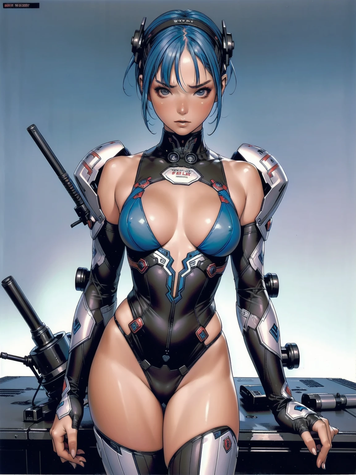 ((best qualityer)), (((clothes 100% baby blue))), (((slim))), (Muscles),  (((Red suit))), ((Perfect masterpiece)), (detailded: 1.4), (absurdrez), (((blue and white bob hair))), (((full body fitness, neckline showing part of the breasts)), (((short hair woman, blushful))), 21 year old woman, beautiful sexy woman, giant robot pilot, wild with perfect corpo fitness, wearing small mecha battle armor clothes, tiny thong, Simon Bisley styled for the cover of Heavy Metal magazine, clothing with Japanese cyberpunk graphic patterns, Halftone pattern and vertical stripes, earth tone, exiting the body of a giant robot