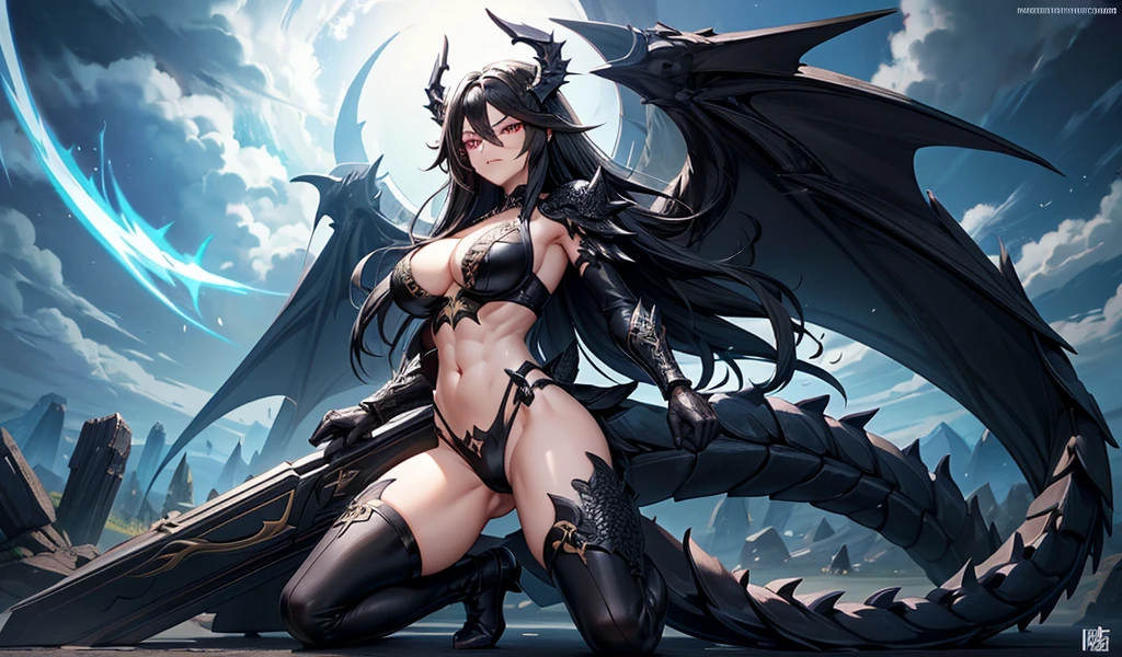 long black hair,goddess,cleavage,Abdominal muscles,black dragon corner,The body has black dragon scales,white dragon wings,black dragon tail,Bare waist,thigh,thong,thunder clouds