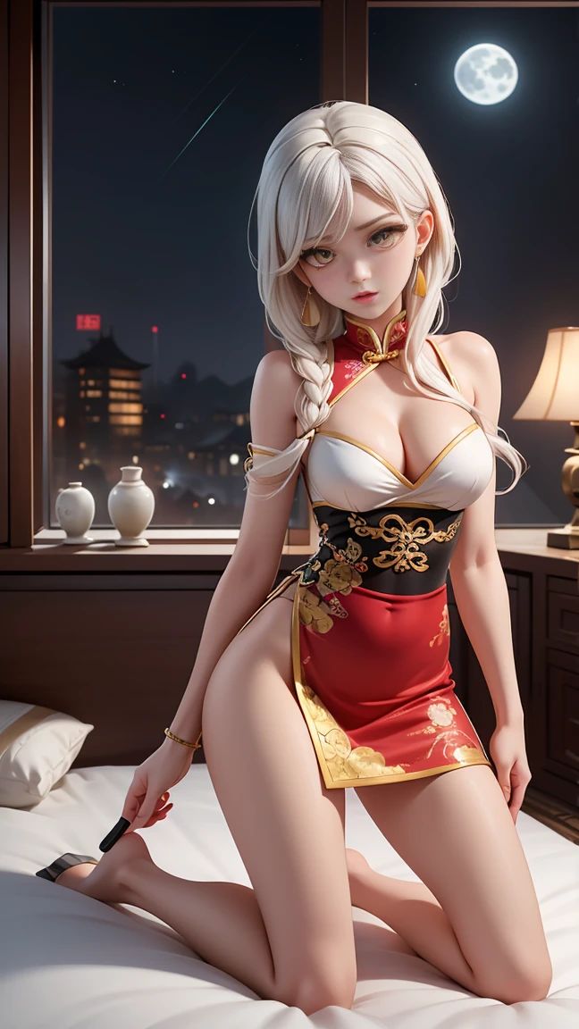 [detailed illustrations, Art based on extremely ideal anatomy, very detailed and detailed drawings, delicate lines with slowness and urgency, realistic texture expression],((Colored leading lines)),(Works of art with excellent craftsmanship), (ancient chinese hotel room background, moon with stars in the window in the background: 1))),HENTAI ANIME [Perfect white skin DemonGirl 19 years old, muscled body, slim but well proportioned] White hair,(Chinese traditional imperial clothing black with golden stripes,)(red skirt with gold stripes,)(red hanafuda earrings,)( Crack in the abdomen) (RAND),((ダークファンタジー)),((Fine and beautiful skin expression (transparency))),((yellow  eyes)),((Perfect eye details (Beautifully drawn eyes)))),(Beautiful perfect face (details realistas do rosto)),((details bonitos do cabelo)),(Perfectly proportioned proportions)),(((kneeling on the bed, looking at the camera.))) ( Design built at a high level,) ((Advanced structural understanding of materials)),Optimal color coordination),((Artistic decoration)) ((Dense detail)),((detail,High definition)),[(Ultra-precision details),((multi-layered texture)),high qualiy,high resolution],((accurate simulation of light-material interactions, Understanding Airflow, mechanically correct expression))), ((Visual art that conveys a sense of narrative)).