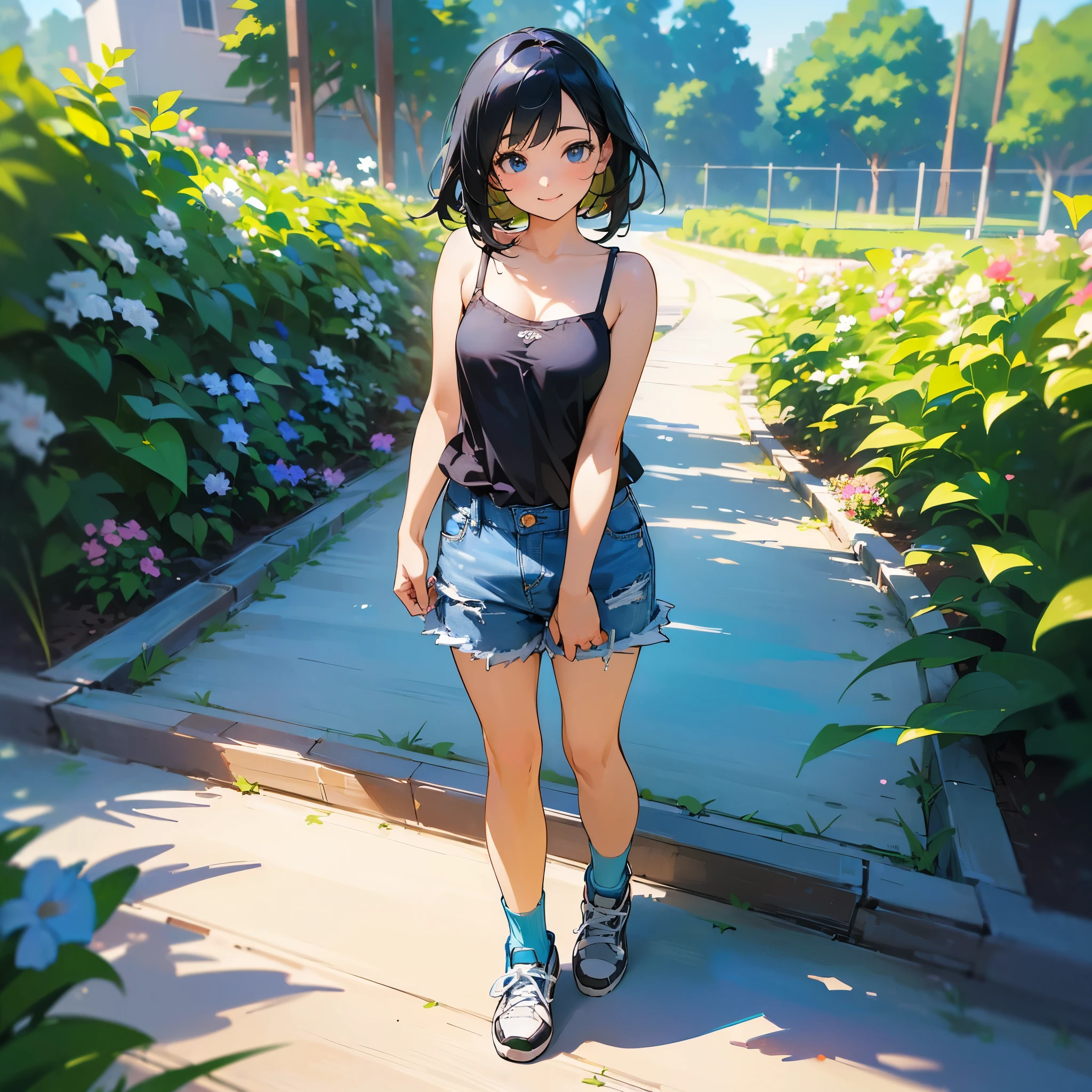 (high quality, High resolution, Very detailed, reality:1.37), Peaceful atmosphere, (Outdoor, garden), Teenage girl standing alone, (my breasts are big.), Beautiful details, Cute Smile, (Black bob hair), camisole, Denim shorts, Blue socks, sneakers.
