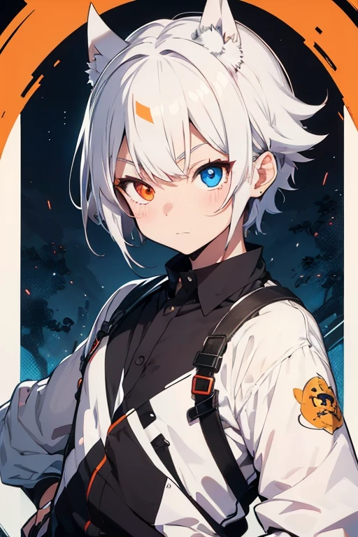 Young Gatoro, anime styling, he has heterochromia, so the orange right eye and blue left eye, has short white hair, femboy clothes, but with even more masculine hair