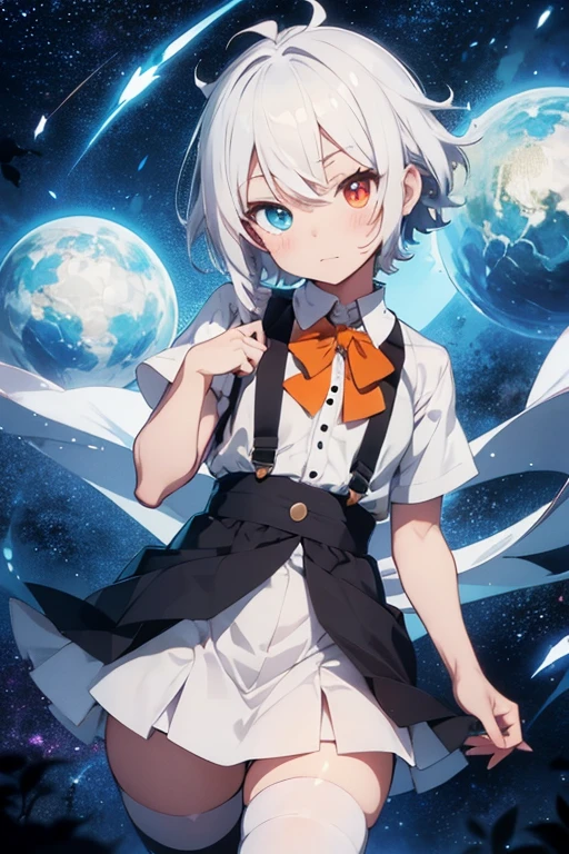 Young Gatoro, anime styling, he has heterochromia, so the orange right eye and blue left eye, has short white hair, femboy clothes, but with even more masculine hair