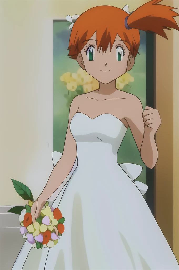 misty, 1girl, solo, breasts, looking_at_viewer, smile, short_hair, closed_mouth, bangs, green_eyes, hair_between_eyes, bare_shoulders, small_breasts, indoor, orange_hair, side_ponytail, eyelashes, hair_tie, wedding_dress, white_dress, holding_flower, standing