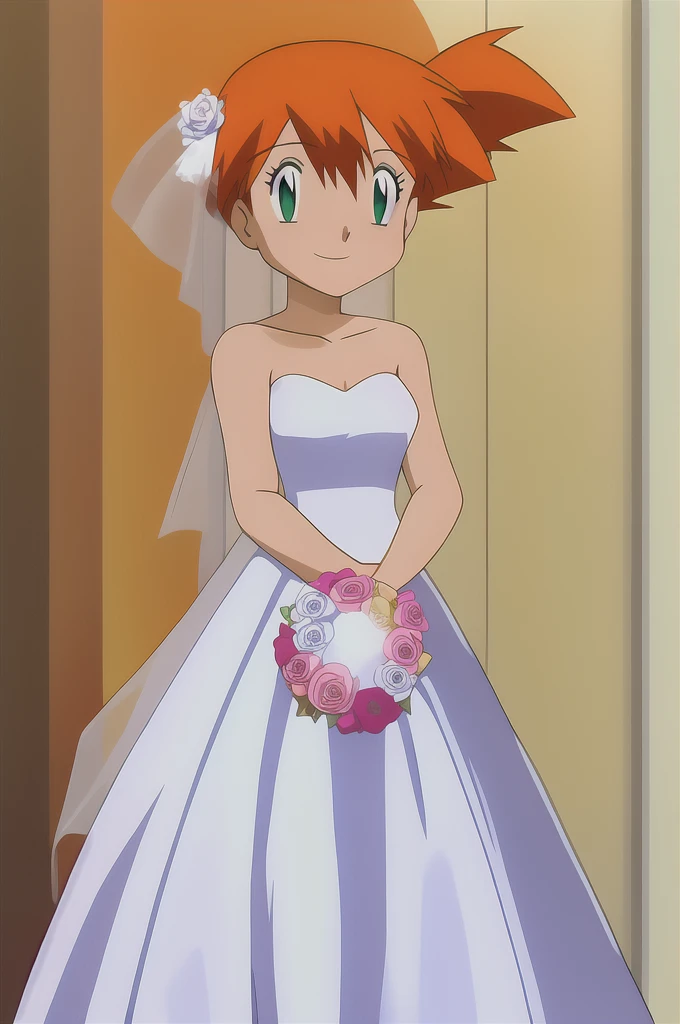 misty, 1girl, solo, breasts, looking_at_viewer, smile, short_hair, closed_mouth, bangs, green_eyes, hair_between_eyes, bare_shoulders, small_breasts, indoor, orange_hair, side_ponytail, eyelashes, hair_tie, wedding_dress, white_dress, holding_flower, standing