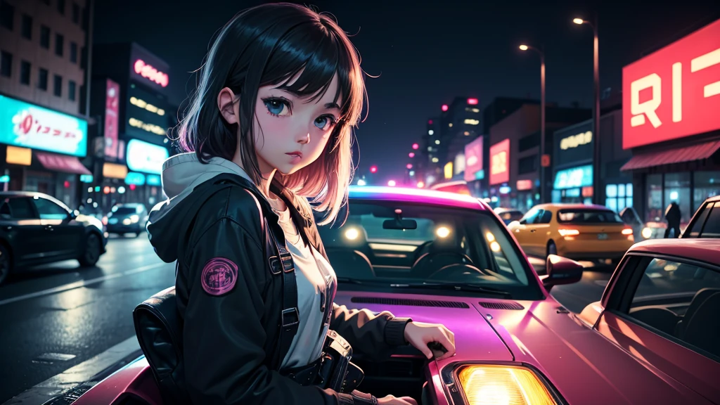 Anime girl driving a car in the night city, Lo-fi Girl, Lofi Artstyle, Portrait of Rofi, Lo-fi feeling, Gazing at the street at night, Anime atmosphere, Lofi Art, Cool vibes, Anime Style 4 k, 4k anime wallpaper, Lo-fi Girl aesthetic, Anime Style. 8K, Cool vibe, Drive around the city