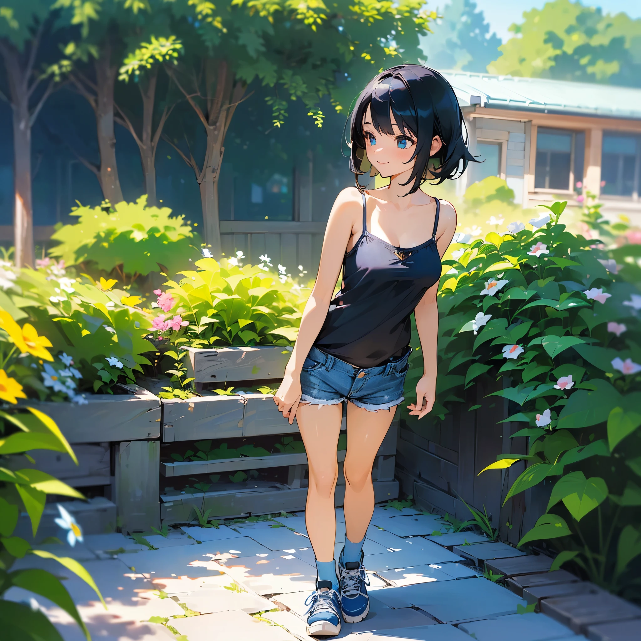 (high quality, High resolution, Very detailed, reality:1.37), Peaceful atmosphere, (Outdoor, garden), age girl standing alone, (my breasts are big.), Beautiful details, Cute Smile, (Black bob hair), camisole, Denim shorts, Blue socks, sneakers.