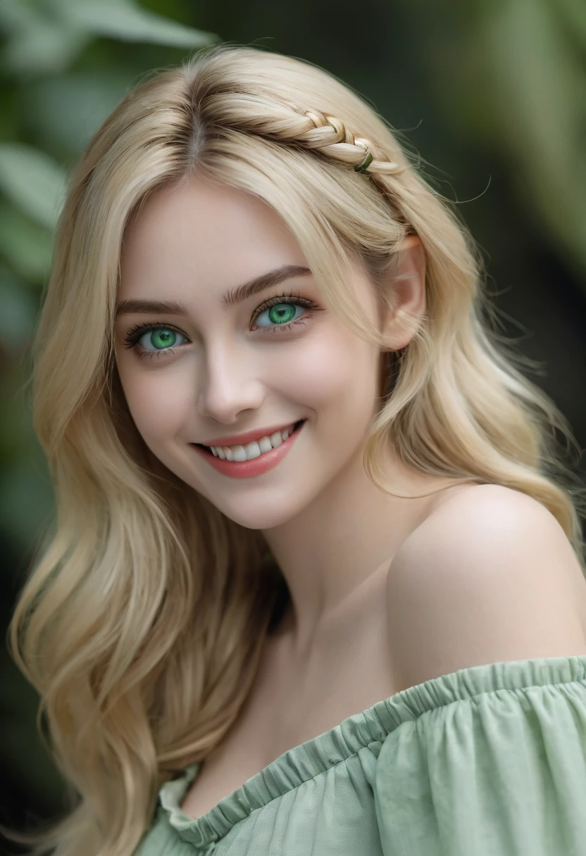 blonde girl, big beautiful green eyes, slim about 45 kilos, 150 centimeters tall, perfect waist, beautiful and perfect smile, beautiful and perfect appearance, real life, hyper real, high quality details, extremely real, real photo, extremely meticulous image, great quality of details with great and beautiful luminosity, 8k, photograph taken with a nikon z8 with a Nikkor Z 50mm f/1.8 S lens. 