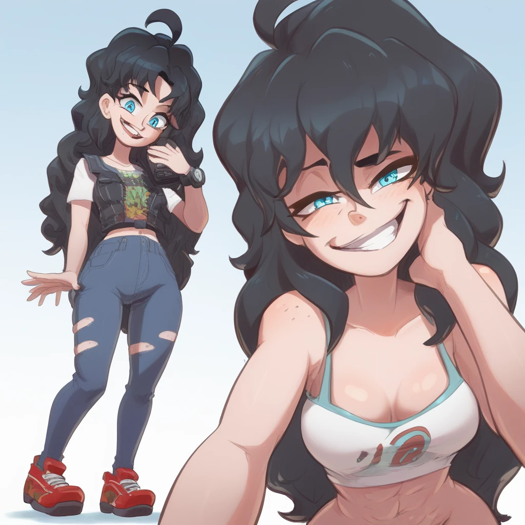 Ralph Bakshi Style, gesugao, Curvy blue eyed girl with long wavy black hair and small breasts standing over viewer, (extreme nsfw), lewd:3.0, (upward camera angle), (full-body-shot pov), (pubic_stubble):4.0