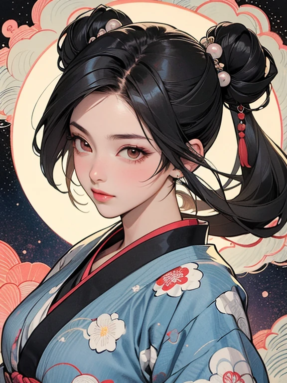 (masterpiece, Highest quality,High resolution, Official Art), (One girl), Bright and vivid color patterns in Japanese clothing、Black hair in a Japanese round topknot,Traditional Japanese patterned fabric, (Dynamic movements),(Shiny skin),  ( Ukiyo-e background,moon,flower,cloud )