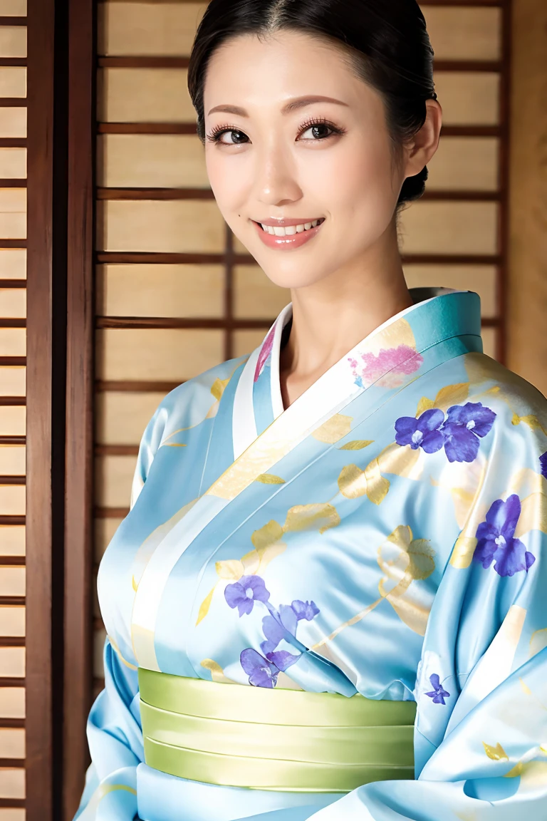 (Highest quality、Tabletop、8K、Best image quality、Award-winning works)、(One beautiful mature woman:1.1)、Adult face、(Innkeeper:1.1)、(Elegant floral kimono:1.2)、(A kimono with a perfect and precise collar:1.2)、Perfect mature woman portrait photo、Glowing Skin、Standing Elegantly、(Blurred elegant and exquisite perfect Japanese style room background:1.3)、(The most natural and perfect tidy Japanese style room background:1.2)、Glowing White Skin、Very white skin、(Accentuate your body lines:1.1)、(The most graceful posture:1.2)、(Large Breasts:1.2)、A perfect smile、Perfect beautiful glossy lips、(Accurate anatomy:1.2)、(A perfect and elegant kimono:1.1)、(Standing with good posture:1.1)、(Beautiful, high-quality, large kimono obi:1.1)