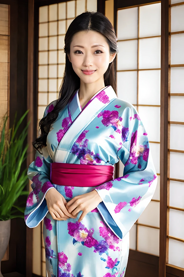 (Highest quality、Tabletop、8K、Best image quality、Award-winning works)、(One beautiful mature woman:1.1)、Adult face、(Innkeeper:1.1)、(Elegant floral kimono:1.2)、(A kimono with a perfect and precise collar:1.2)、Perfect mature woman portrait photo、Glowing Skin、Standing Elegantly、(Blurred elegant and exquisite perfect Japanese style room background:1.3)、(The most natural and perfect tidy Japanese style room background:1.2)、Glowing White Skin、Very white skin、(Accentuate your body lines:1.1)、(The most graceful posture:1.2)、(Large Breasts:1.2)、A perfect smile、Perfect beautiful glossy lips、(Accurate anatomy:1.2)、(A perfect and elegant kimono:1.1)、(Standing with good posture:1.1)、(Beautiful, high-quality, large kimono obi:1.1)