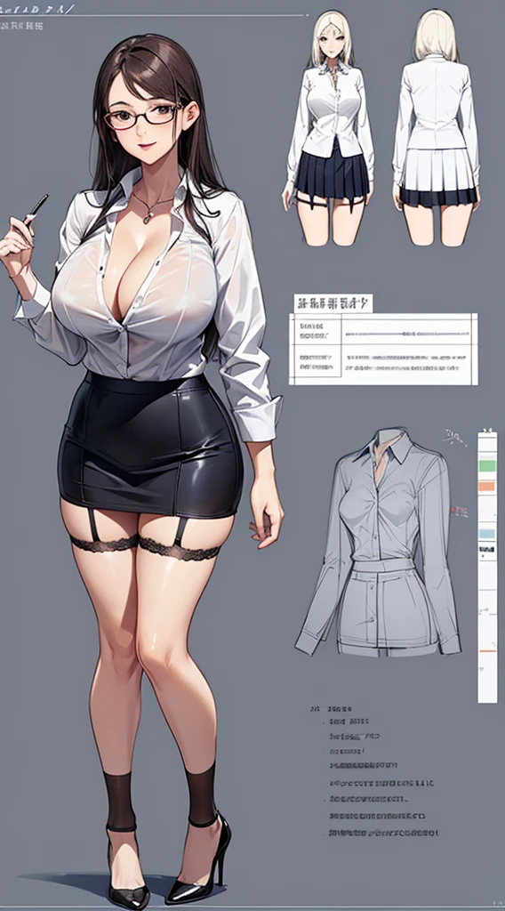girl, alone, whole body, From head to toe, Are standing, (Huge Saggy Tits:1.3),
Character design sheet, Character Reference Sheet, 設計図のSchematic, Drafting, Blueprint, Schematic,
((Character design sheet:1.7, Character Reference Sheet:1.7,)),
anime/cartoon character wearing a girls , 1girl, alone, ,Mature Woman,Cleavage,Long sleeve,Collared shirt,White shirt,,(Tight Skirt),((garter belt)),(High heels),Skirt Suit,mini skirt,office lady,Long Hair, bow, , (Very short skirt:1.4), (lingerie:1.5),secretary,Thin glasses, In underwear:1.5,nsfw