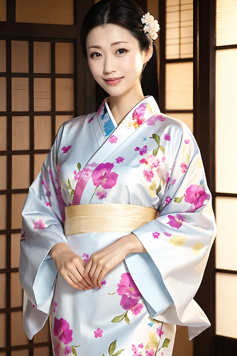 (Highest quality、Tabletop、8K、Best image quality、Award-winning works)、(One beautiful mature woman:1.1)、Adult face、(Innkeeper:1.1)、(Elegant floral kimono:1.2)、(A kimono with a perfect and precise collar:1.2)、Perfect mature woman portrait photo、Glowing Skin、Standing Elegantly、(Blurred elegant and exquisite perfect Japanese style room background:1.3)、(The most natural and perfect tidy Japanese style room background:1.2)、Glowing White Skin、Very white skin、(Accentuate your body lines:1.1)、(The most graceful posture:1.2)、(Large Breasts:1.2)、A perfect smile、Perfect beautiful glossy lips、(Accurate anatomy:1.2)、(A perfect and elegant kimono:1.1)、(Standing with good posture:1.1)、(Beautiful, high-quality, large kimono obi:1.1)