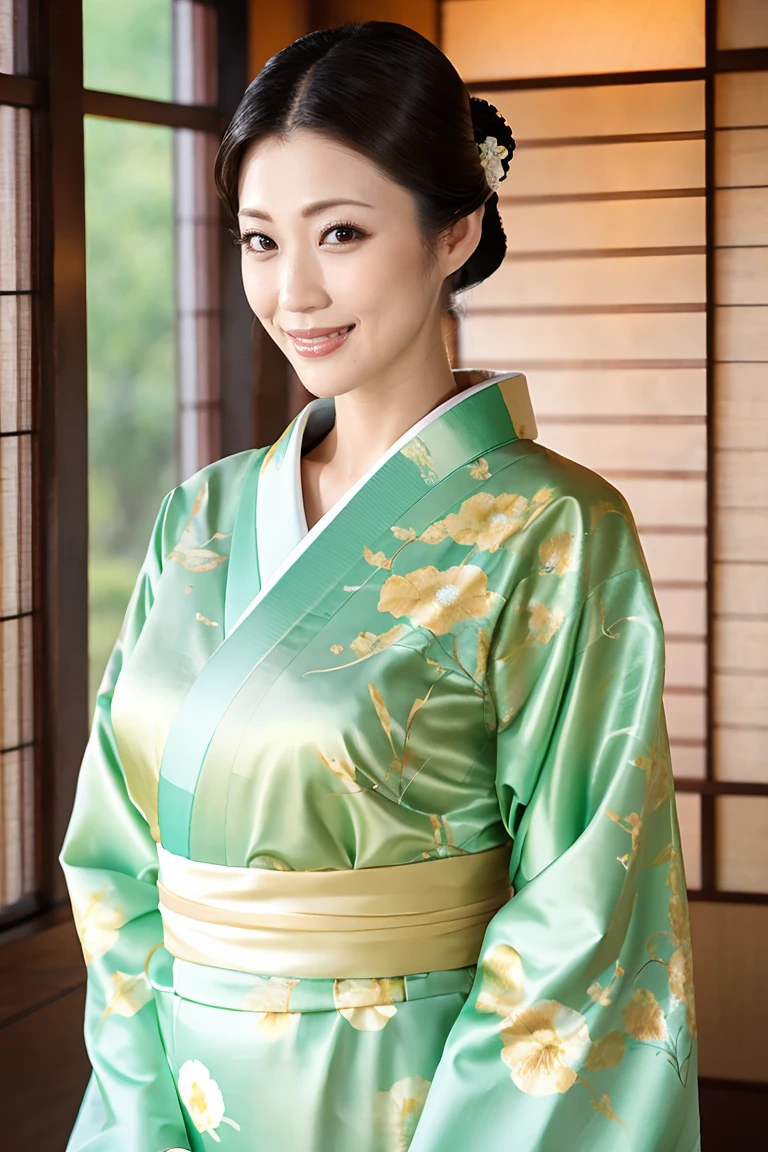 (Highest quality、Tabletop、8K、Best image quality、Award-winning works)、(One beautiful mature woman:1.1)、Adult face、(Innkeeper:1.1)、(Elegant floral kimono:1.2)、(A kimono with a perfect and precise collar:1.2)、Perfect mature woman portrait photo、Glowing Skin、Standing Elegantly、(Blurred elegant and exquisite perfect Japanese style room background:1.3)、(The most natural and perfect tidy Japanese style room background:1.2)、Glowing White Skin、Very white skin、(Accentuate your body lines:1.1)、(The most graceful posture:1.2)、(Large Breasts:1.2)、A perfect smile、Perfect beautiful glossy lips、(Accurate anatomy:1.2)、(A perfect and elegant kimono:1.1)、(Standing with good posture:1.1)、(Beautiful, high-quality, large kimono obi:1.1)