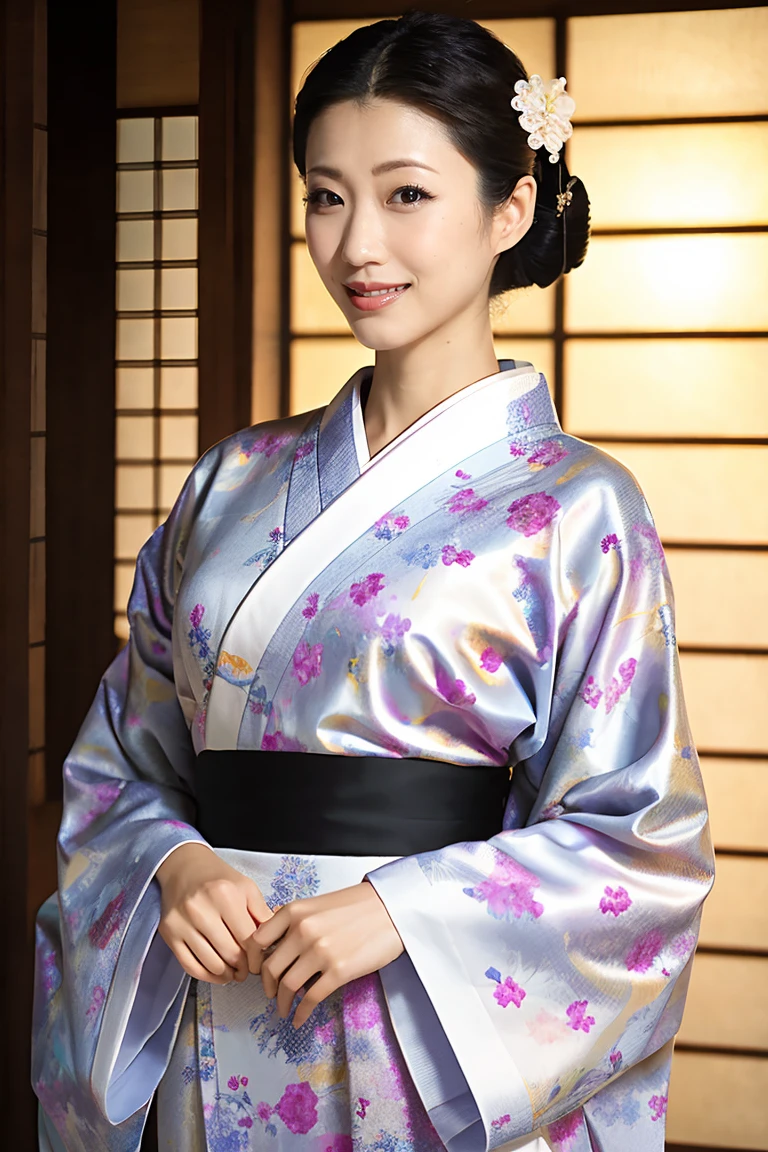(Highest quality、Tabletop、8K、Best image quality、Award-winning works)、(One beautiful mature woman:1.1)、Adult face、(Innkeeper:1.1)、(Elegant floral kimono:1.2)、(A kimono with a perfect and precise collar:1.2)、Perfect mature woman portrait photo、Glowing Skin、Standing Elegantly、(Blurred elegant and exquisite perfect Japanese style room background:1.3)、(The most natural and perfect tidy Japanese style room background:1.2)、Glowing White Skin、Very white skin、(Accentuate your body lines:1.1)、(The most graceful posture:1.2)、(Large Breasts:1.2)、A perfect smile、Perfect beautiful glossy lips、(Accurate anatomy:1.2)、(A perfect and elegant kimono:1.1)、(Standing with good posture:1.1)、(Beautiful, high-quality, large kimono obi:1.1)