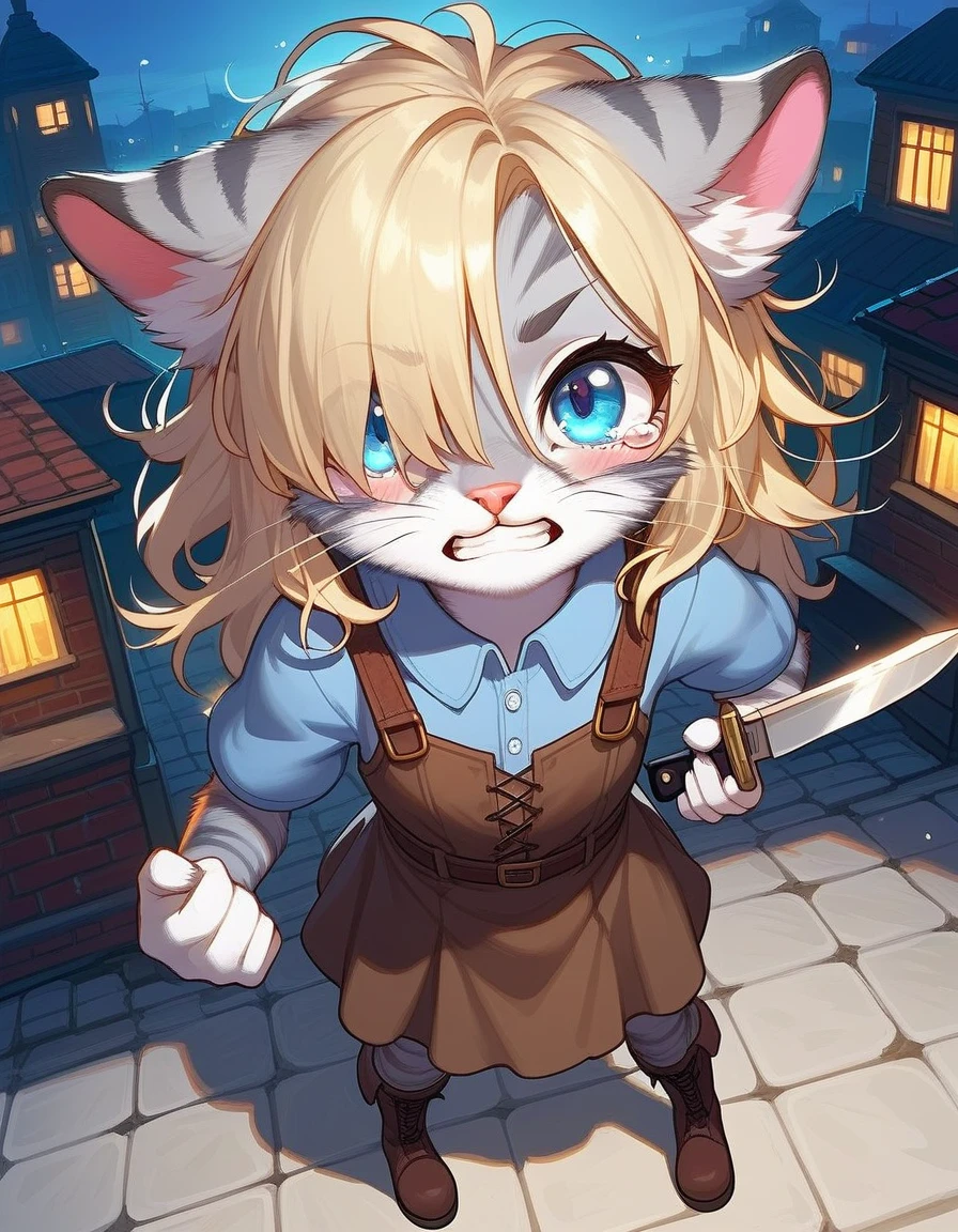 Solo, score_9,score_8_up,score_7_up, source_cartoon, kat, Anthro furry feline, female, short slender body, long blonde hair, long messy hair, hair covering one eye, pink nose, blue eyes, white whiskers, silver fur, grey stripes, furry body, short, young, about 8 years old, wearing ruffled blue blouse, brown skirt, standing, furrowed eyebrows, clenching teeth, tearing up, pov, looking up, in a destroyed village, night time, full body shot, brown boots, holding a knife with both hands, a burning building behind her, Birds Eye view,