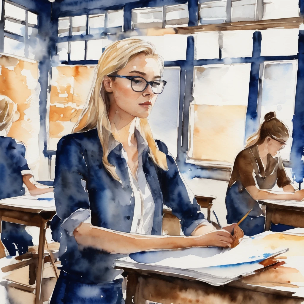 (dark blue, browns, greys), (it's very hot and dry), (a highschool in the South, a classroom full with students), a classy blonde female teacher on a high ladder to fix a light bulb, as watercolor sketch illustration in rough brushstrokes , side view