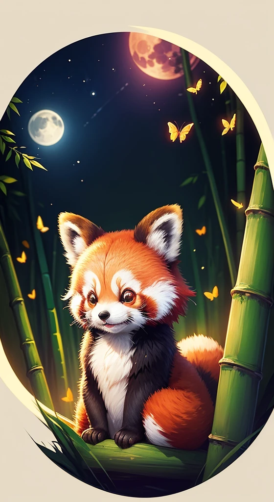 cute red panda in bamboo forest, midnight, moon light, glowing, butterfly, exquisite frame, HD, super detail, vector digital art