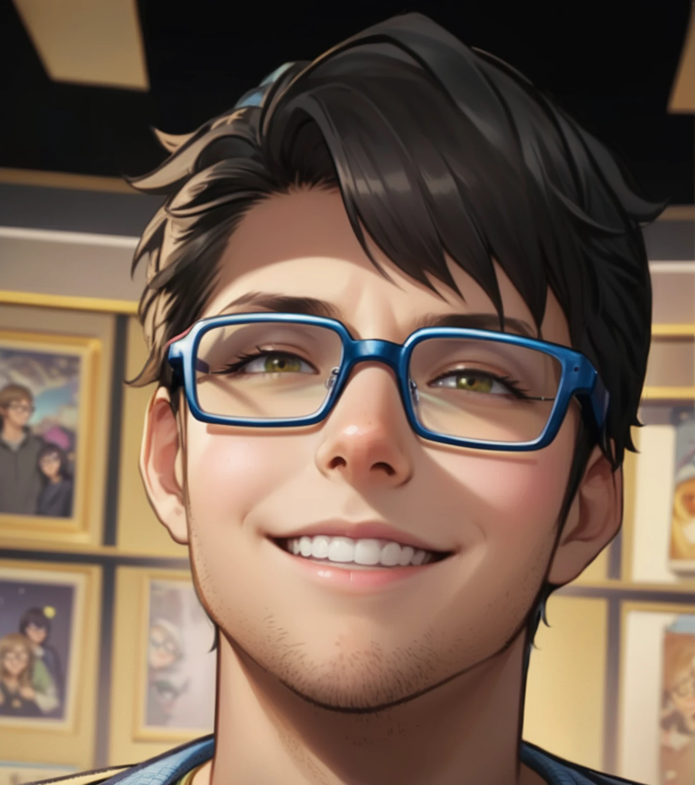 a close-up of a person wearing glasses in a room, xqc, cute and slightly nerdy smile, high-quality portrait, heise jinyao, of surveillance, range murata and artgerm, jody highroller, kawaii realistic portrait, close-up of the character's portrait, makoto shinkai ( apex legends ), close-up character portrait, Serpentina do Twitch / gamer ludwig, slight nerdy smile