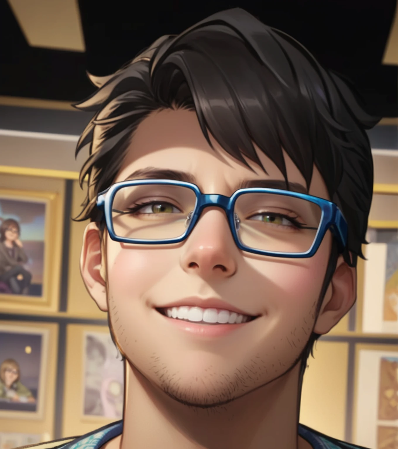 a close-up of a person wearing glasses in a room, xqc, cute and slightly nerdy smile, high-quality portrait, heise jinyao, of surveillance, range murata and artgerm, jody highroller, kawaii realistic portrait, close-up of the character's portrait, makoto shinkai ( apex legends ), close-up character portrait, Serpentina do Twitch / gamer ludwig, slight nerdy smile