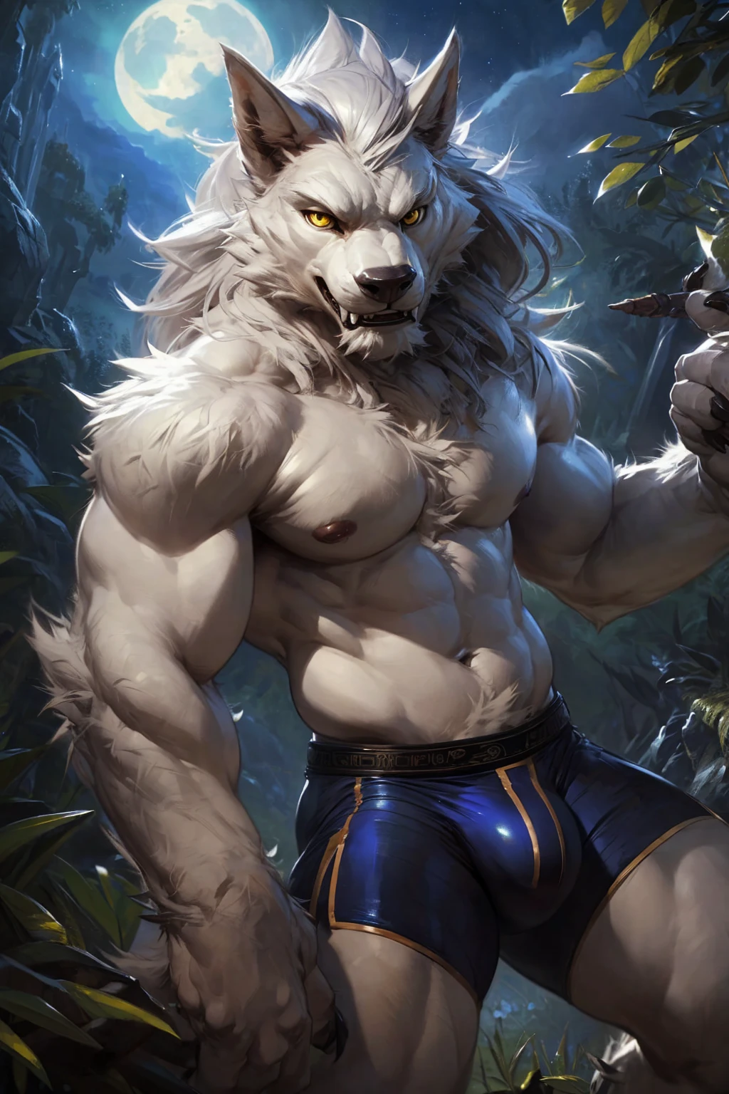 ultra-detailed, masterpiece, masterwork, high quality, best quality, hdr, (nature, night), posted on e621, (by darkgem), nsfw, male, solo, (white little body werewolf), canine, (long silver hair, yellow eyes, white body, roar), stylish pose, dynamic angle, bulge underpants