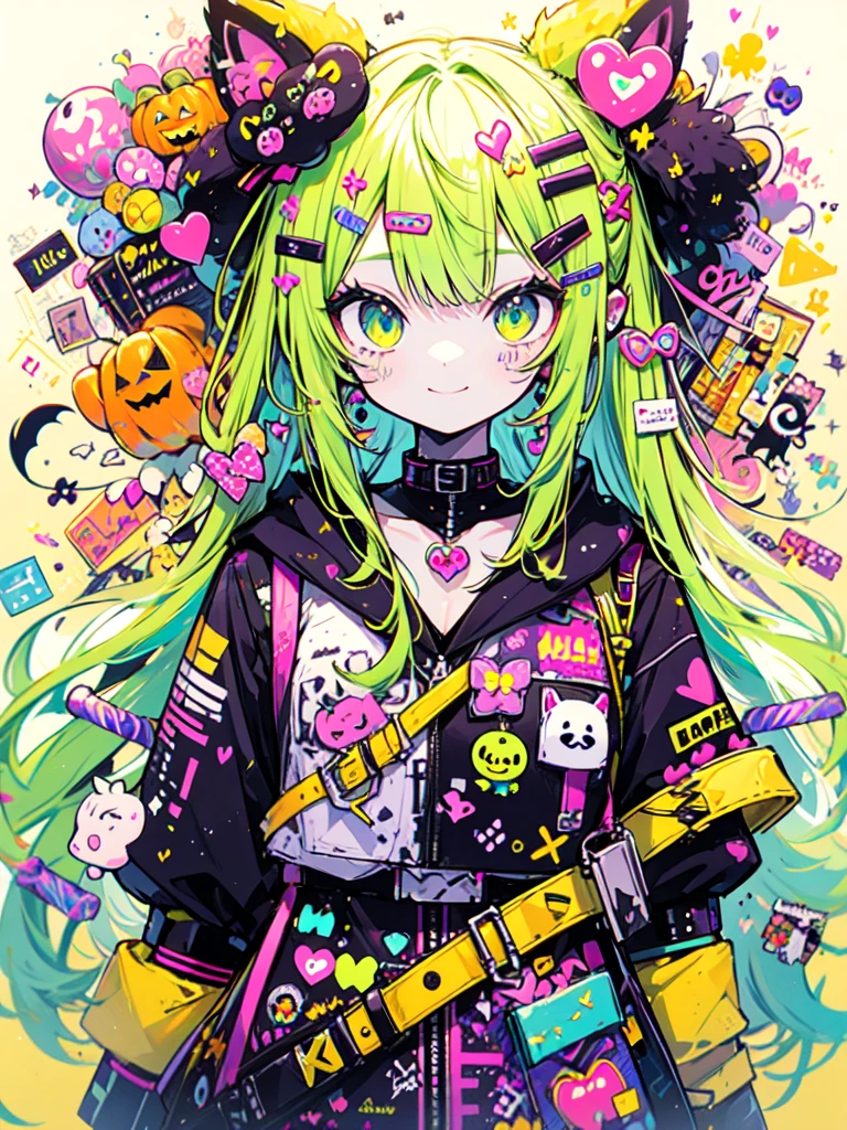 halloween theme, "kawaii, Cute orenge bunny girl in cute smile with teeth and holdinga halloween candy, poser, Adorable girl in orenge, neon orenge black, and baby lime color scheme. She wears halloween-themed clothing. Her outfit is fluffy and soft, With decora accessories like hair clips. She embodies a vibrant and trendy Harajuku fashion style."