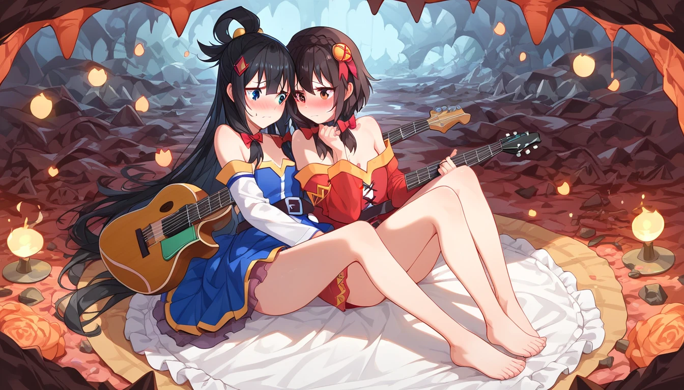 ((2girls:1.3)), ((moe style:1.3)), ((disco:1.3)), ((music festival:1.3)), ((acoustic guitar:1.3)), full body, yuri, ((black hair:1.3)), megumin (konosuba), yunyun (konosuba), ((shy:1.3)), blush, ((perfect face)), ((extremely cute:1.3)), ((masterpiece:1.3)), ((8k)), ((best quality:1.3)), ((beautiful)), ((extremely detailed:1.3)) , ((absurdres)), AddXL, ((score_9:1.3)), ((score_8_up:1.3)), ((score_7_up:1.3)), Expressiveh
