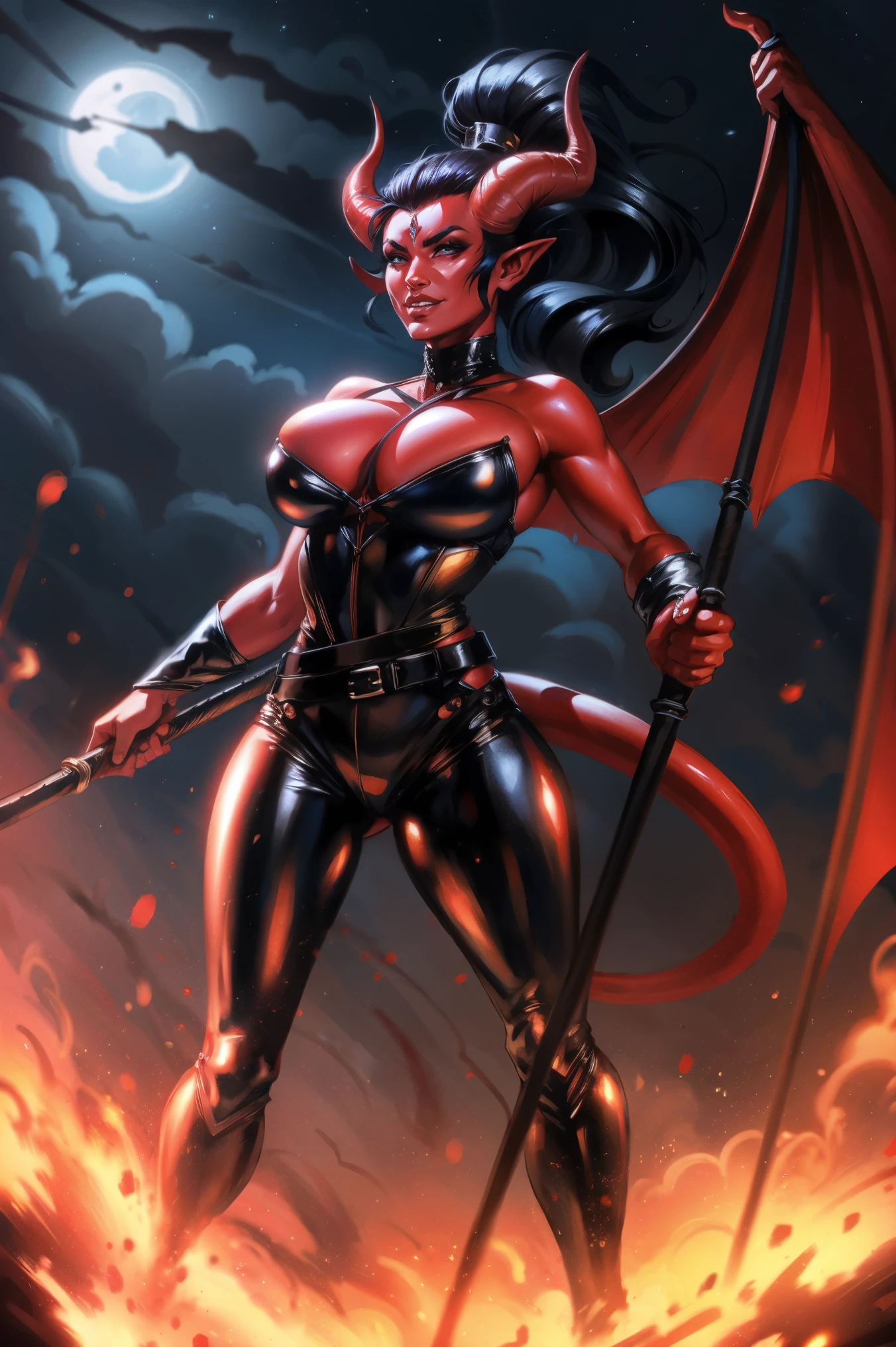 Red skin succubus tiefling, medium breasts, black horns, wings, huge tail, black leather, tall, toned, graceful, thin, long black ponytail. Action scene, whip. Dark scene, explosions, night sky.