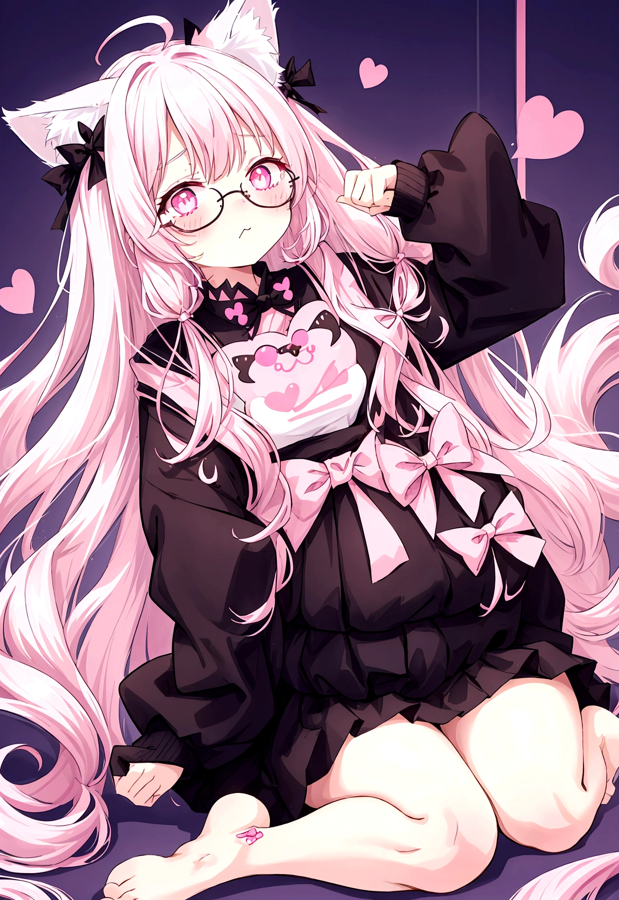 I have white pink hair, cat ears, a bow, my face is super blushing, black glasses, pink heart eyes, a big pink sweatshirt, a black skirt, black stockings, what's up, barefoot, a cat's tail, a girl Very shy
