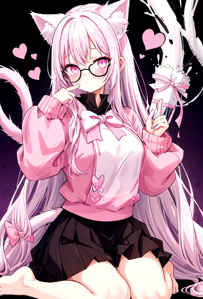 I have white pink hair, cat ears, a bow, my face is super blushing, black glasses, pink heart eyes, a big pink sweatshirt, a black skirt, black stockings, what's up, barefoot, a cat's tail, a girl Very shy