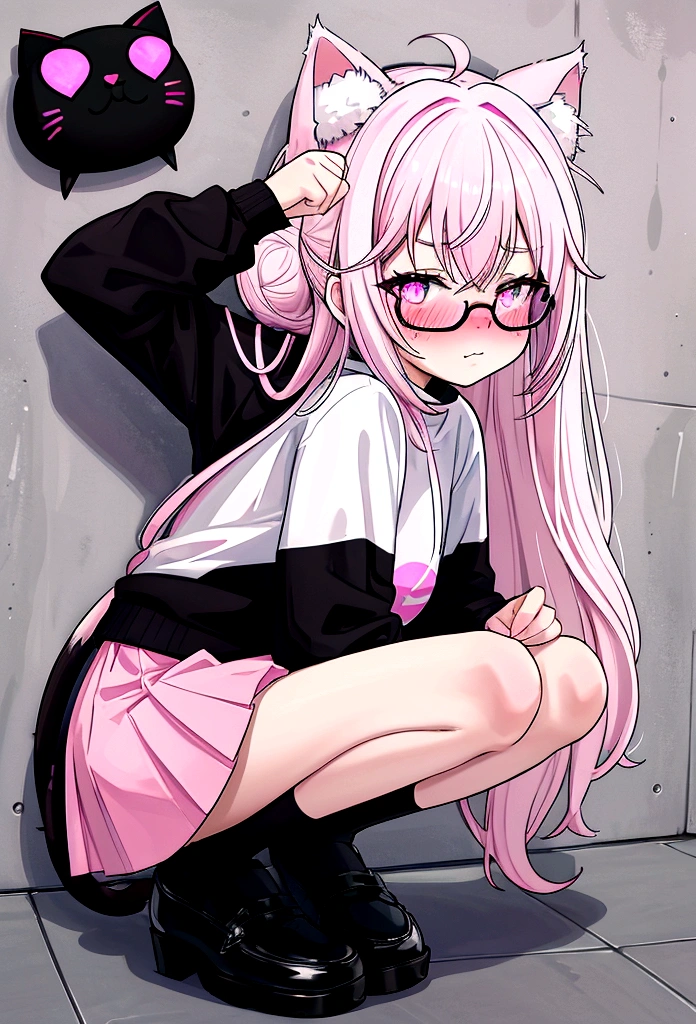 I have white pink hair, cat ears, a bun, my face is super blushing, black glasses, pink heart eyes, a big pink sweatshirt, a black skirt, black stockings, white shoes, a cat's tail, a girl. very shy that she is glued to a wall with her butt