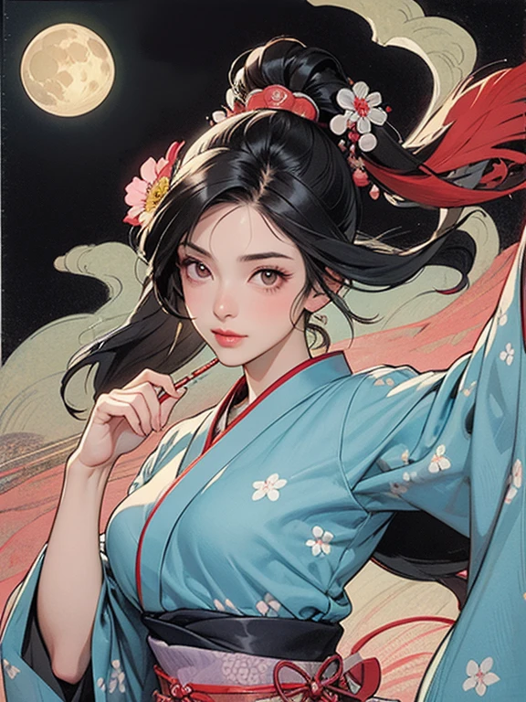 (masterpiece, Highest quality,High resolution, Official Art), (One girl), Bright and vivid color patterns in Japanese clothing、Black hair in a Japanese round topknot,Traditional Japanese patterned fabric, (Dynamic movements),(Shiny skin),  ( Ukiyo-e background,moon,flower,cloud )