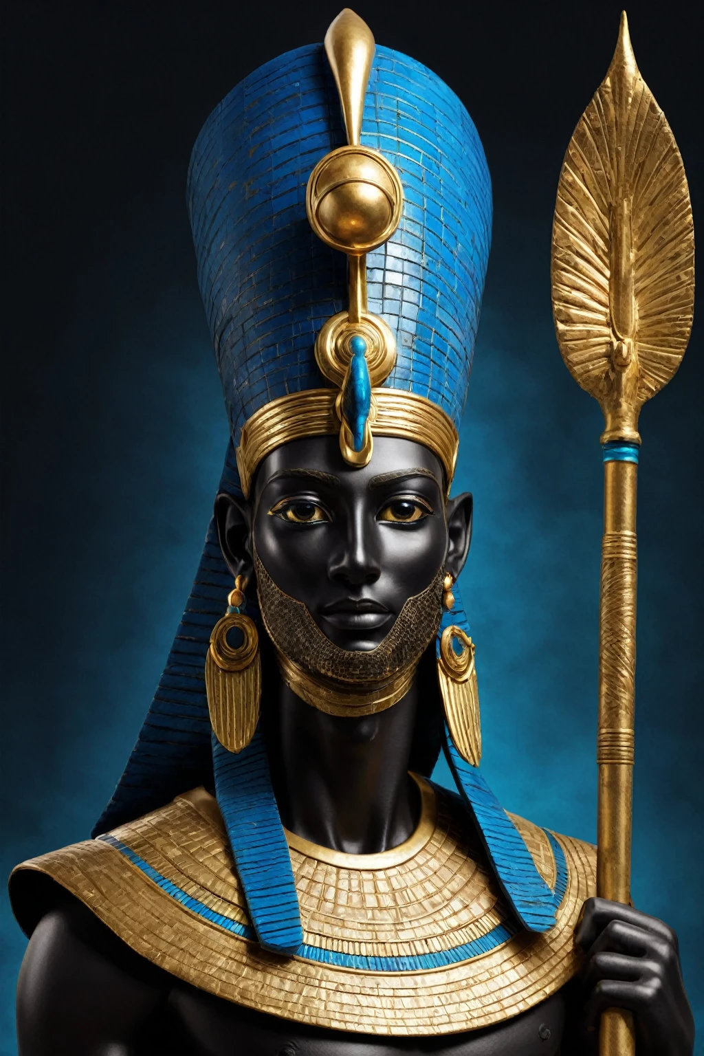 Create an image of an Egyptian god with the following characteristics:
Bandaged Head:
The god's head must be bandaged, covering much of the face, but leaving one eye visible.
staff:
The god must be holding a staff in one hand. The staff must be crafted, with gold details.
black cloack:
The god must be wearing a black cape that flows around the body in a natural way.
Body Appearance:
Most of the god's body should be visible, with imposing stance and realistic details.
Main Colors:
Use black colors, gold and blue as main elements in the image composition.
Style and Quality:
the image must be realistic, with precise details and high quality (4k resolution).
Additional Detail:
The background of the image must be neutral or complementary, to highlight the figure of the Egyptian god.
Lighting should be adjusted to highlight the god's main features, with shadows and reflections that increase realism.
