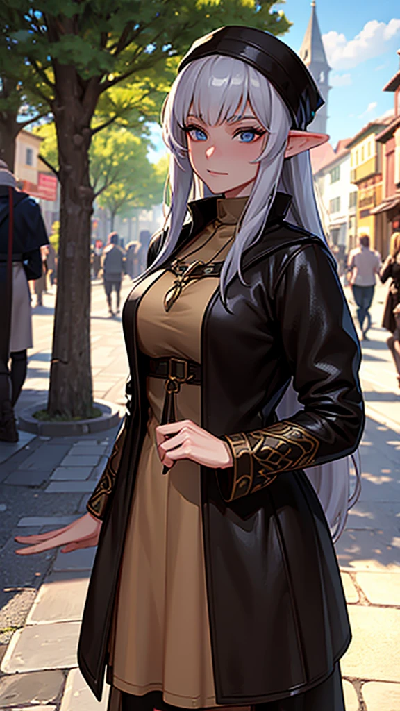 A elfo girl, resting in a street, under a tree, in a medieval street, she is peacefully, she is totally fine, pergect face, medieval Boots and dressing leather, medieval scene , mysticism, high quality, HDR, 4k resolution, 3d modeling, realism, high texture and detailed. photo, illustration, 3d render, poster, cinematic, fashion