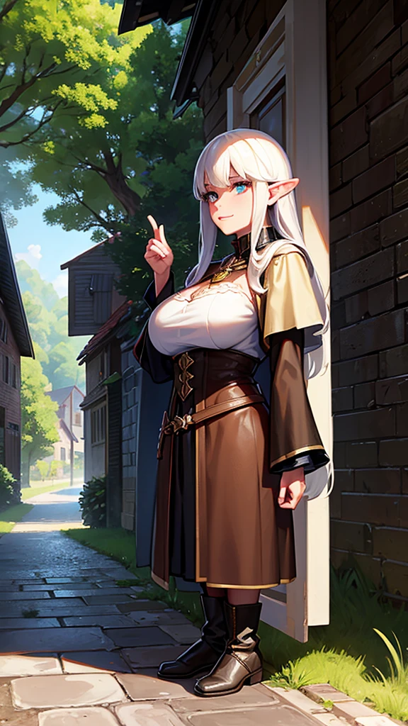 1 elf woman,((with long brown hair)),((with blue eyes)),((very huge breasts, a very revealing and very short white elf outfit covering the breasts, breasts almost sticking out, pussy almost visible)),((with a kind and cute look, with a slight gentle smile)),((standing facing the viewer, on the medieval street))