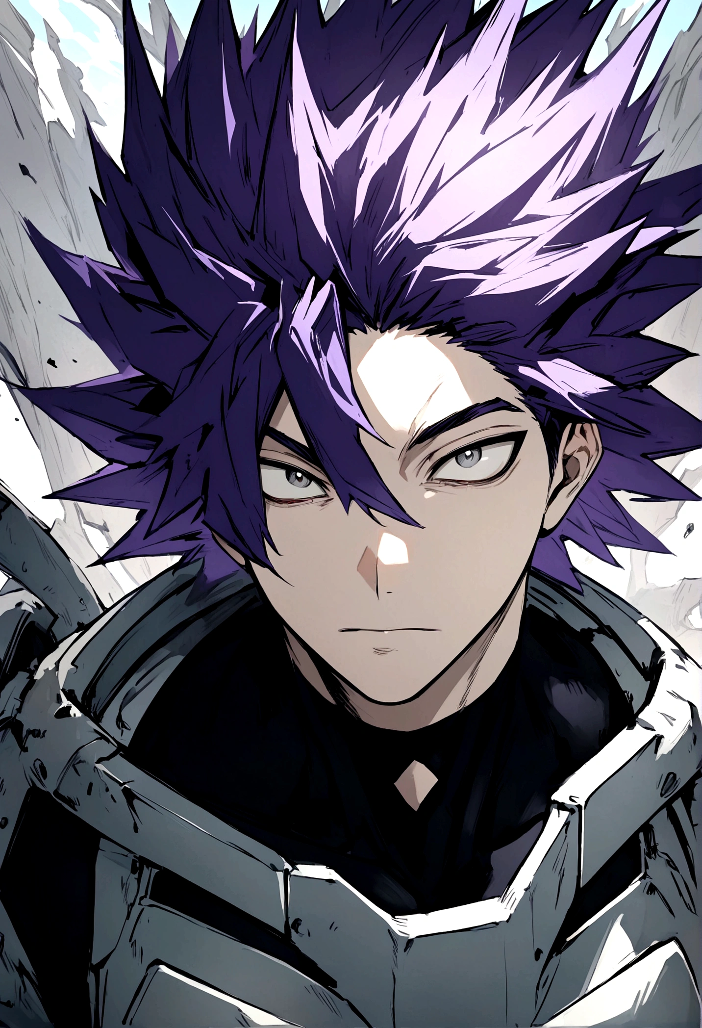 Male character in the style of the anime my Hero Academia with purple hair, pale complexion and gray eyes