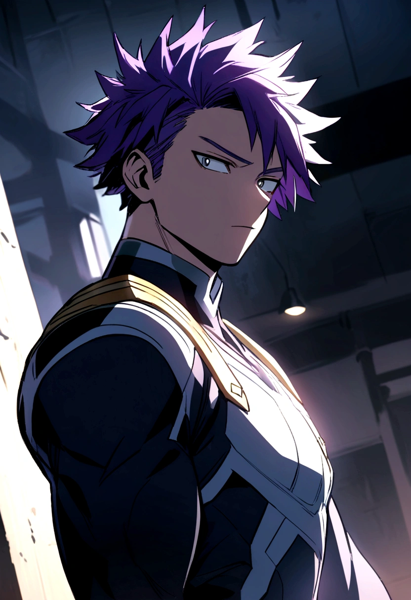 Male character in the style of the anime my Hero Academia with purple hair, pale complexion and gray eyes