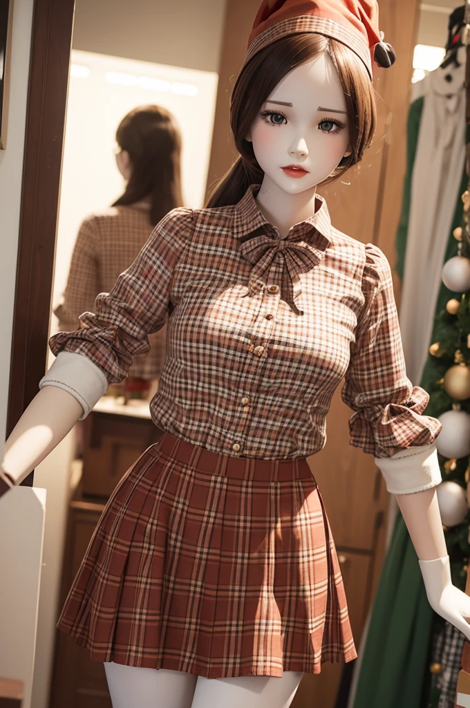 A mannequin wearing a checkered festive June blouse and a short, fitted brown skirt.