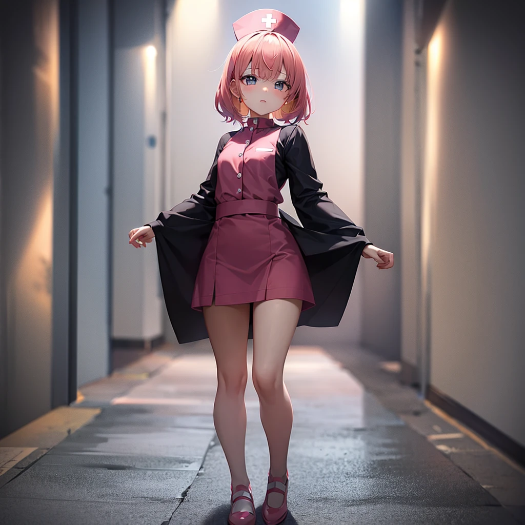 ((nurse)),Pink clothes,Cute little ,Tiny ,Small girl,,Childish face, Very fine clean face,Top quality,Straight Hair,Yellow hair,(Dark Room), Subtle light, Natural light,Soft lighting,Light from directly behind,(Open your hands), (Are standing),Front view,Black background